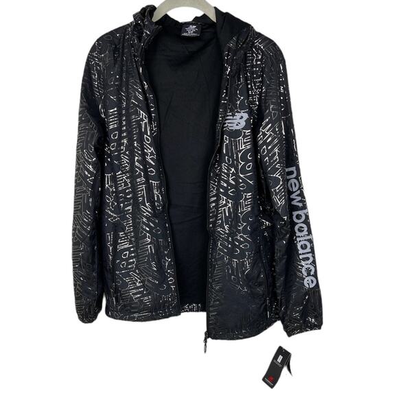 NEW New Balance Black Silver Foil Monogram Windbreaker Jacket S Reflective - Picture 6 of 7